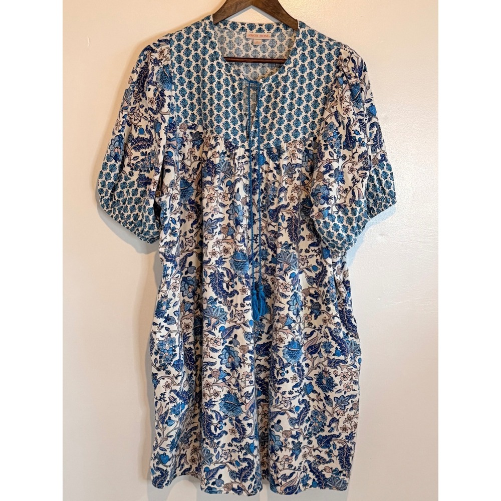 Knox Rose Womens Blue White Floral Boho Tassel Mini Dress XL Short Sleeve Puff